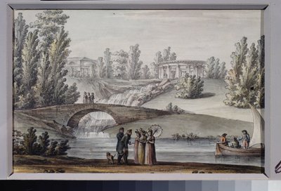 De tempel van Apollo en de waterval in het Pavlovsk park (Sint-Petersburg) door Giacomo Quarenghi