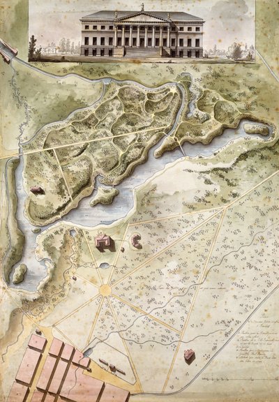 Peterhof, Rusland: Elevatie van het Engelse Paleis en Plan van het Park door Giacomo Quarenghi