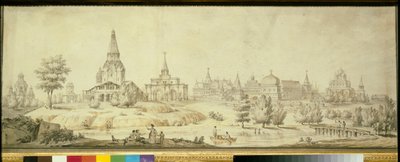 Uitzicht op de wijk Kolomenskoje in Moskou, links de Hemelvaartskerk door Giacomo Quarenghi