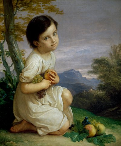 Portret van Lena Presti met fruit door Giacomo Trecourt