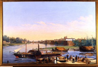 Zicht op de haven van Pavia aan de Po en de stoomboot Principessa Clementina door Giacomo Trecourt