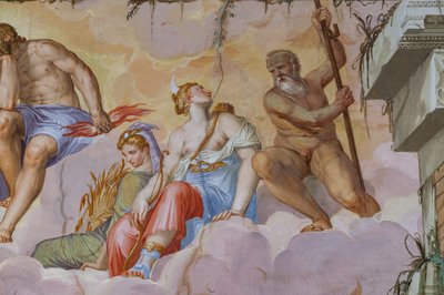 Ceres (godin van de oogst met een bundel aren) en Diana (godin van de jacht met de boog), detail van de Kamer van Olympus, ca.1557 door Giambattista Zelotti