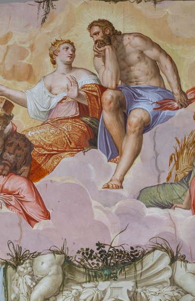 Juno en Jupiter liggend op wolken, boven architectonische ruïnes, detail van de Kamer van Olympus, ca.1557 door Giambattista Zelotti