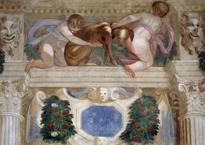 Putti met een windhond, fruitguirlandes en mascarons door Giambattista Zelotti