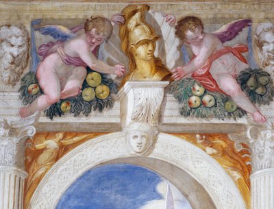 Putti met buste van een held tussen mascarons en fruitguirlandes door Giambattista Zelotti