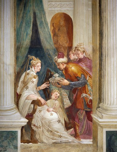 Sophonisba krijgt gif aangeboden in aanwezigheid van haar kind door Giambattista Zelotti