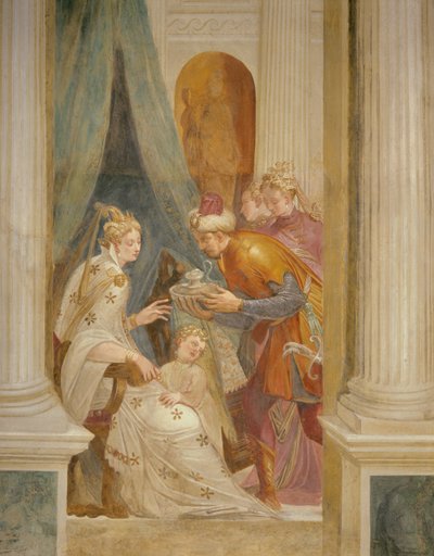 Rechterwand die Sophonisba met haar kind toont die de volgende pot gif ontvangt door Giambattista (1526 78) Zelotti