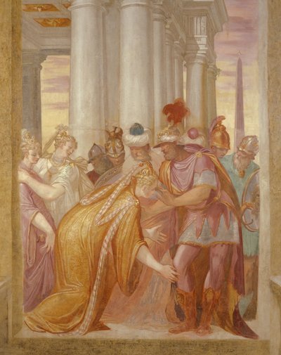 Centrale muur die Sophonisba afbeeldt die hulp vraagt aan Massinissa door Giambattista 1526 78 Zelotti