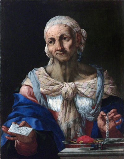 Oude vrouw met een parelketting en brief (Vanitas) door Giambattista Langetti