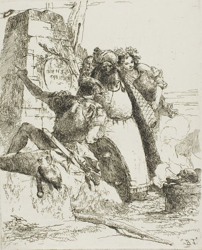 Een tovenaar, een soldaat en drie figuren die een brandende schedel bekijken, uit Scherzi door Giambattista Tiepolo