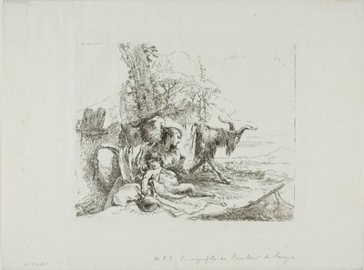 Een nimf met een kleine sater en twee geiten, uit Capricci door Giambattista Tiepolo