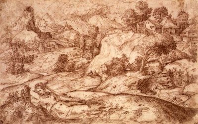 Bergachtig Landschap met een Liggende Vrouwelijke Figuur door Gian Battista (attr. to) Angolo del Moro