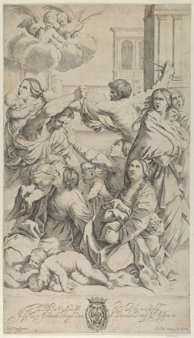 Slachting van de Onschuldigen, groep vrouwen en kinderen aangevallen, twee engelen, ca. 1640-70 door Gian Battista Bolognini
