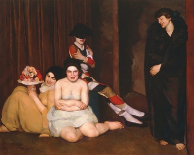 Schilderij van De Maskers door Gian Emilio Malerba