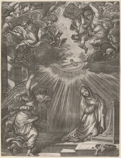 De Annunciatie door Gian Jacopo Caraglio after Titian