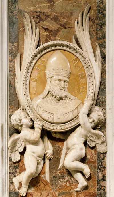 San Marco, reliëf door Gian Lorenzo Bernini, detail van marmeren decoratie langs pilaren van hoofdgang, Sint-Pietersbasiliek, Rome, Vaticaanstad door Gian Lorenzo Bernini