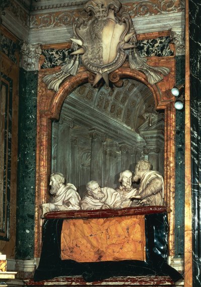 Zijbox met Cornaro-familie, marmeren sculptuur van de school van Gian Lorenzo Bernini, Cornaro-kapel, Kerk van Santa Maria della Vittoria, Rome, Italië door Gian Lorenzo Bernini