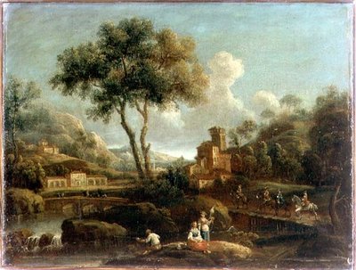 Een bebost rivierlandschap met reizigers door Gianbattista Cimaroli