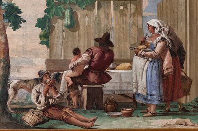Boerenfamilie aan tafel, uit de kamer van rustieke scènes, in de Foresteria (Gastenverblijf) 1757 (fresco) door Giandomenico  Tiepolo