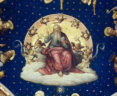 Zegenende God gezeten in glorie, (detail) uit scène uit Verhalen van het leven van Sint Johannes de Doper door Giannicola di Paolo