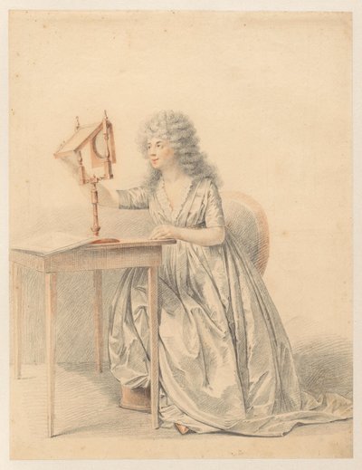 Figuurstudie van een zittende vrouw met een opticaspiegel door Gijsbertus Johannus van den Berg