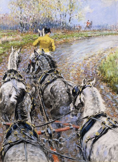 De koningsweg, studie vanaf de bok van de Old Berkeley Coach; Het trekpaard neemt ons mee Reigate Hill op door Gilbert Holiday