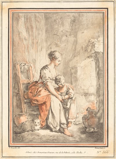 Vrouw en Kind voor een Open Haard door Gilles Antoine Demarteau after François Boucher
