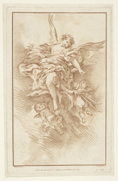 Engel met drie putti in wolken door Gilles Demarteau