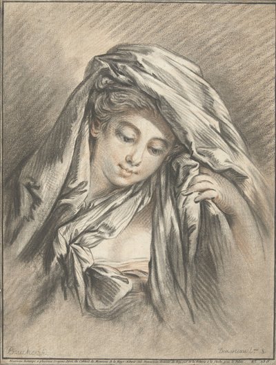 Hoofd van vrouw met doek om het hoofd gedrapeerd door Gilles Demarteau