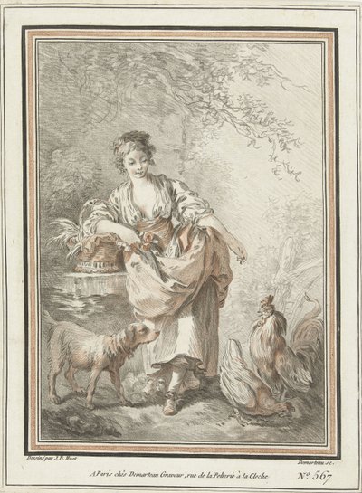 Jonge vrouw met hond en haan en hen door Gilles Demarteau