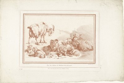 Liggende schapen met lammeren en geit met jongen door Gilles Demarteau