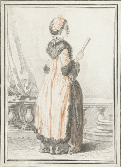 Staande vrouw met waaier in hand door Gilles Demarteau