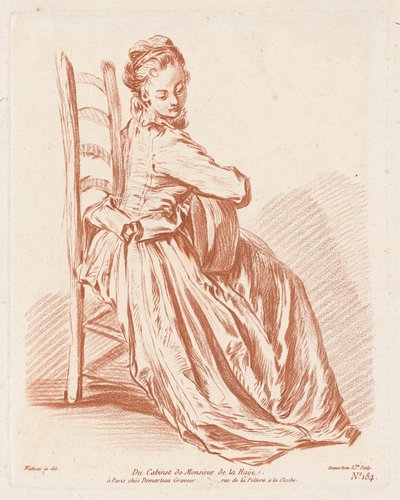 Vrouw die Gitaar Speelt door Gilles Demarteau, the Elder, Antoine Watteau
