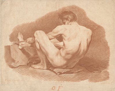 Zittende naakte man, van achteren gezien, die aan een touw trekt door Gilles Demarteau, the Elder after Carle Van Loo