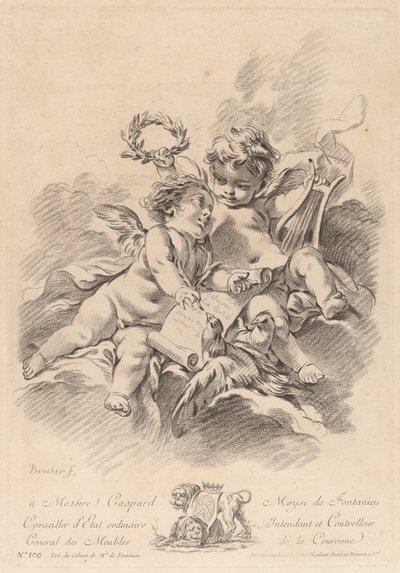Allegorie van muziek met twee cherubijnen en duiven door Gilles Demarteau the Elder after François Boucher
