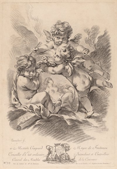 Allegorie van het Schilderen met Drie Cherubijnen door Gilles Demarteau the Elder after François Boucher