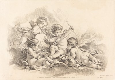 Vier cherubijnen bij schietoefeningen door Gilles Demarteau, the Elder after François Boucher