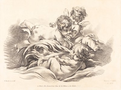 Drie cherubijnen spelen op een golf als een dolfijn door Gilles Demarteau, the Elder after François Boucher