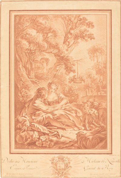 Twee Geliefden Zittend aan de Voet van een Grote Boom, Verrast door Twee Meisjes door Gilles Demarteau, the Elder after François Boucher