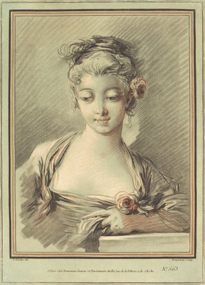 Jonge Vrouw met een Roos door Gilles Demarteau, the Elder after François Boucher