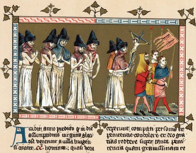 Flagellanten of Broeders van het Kruis in Doornik in 1349 (litho) door Gilles Le Muisit