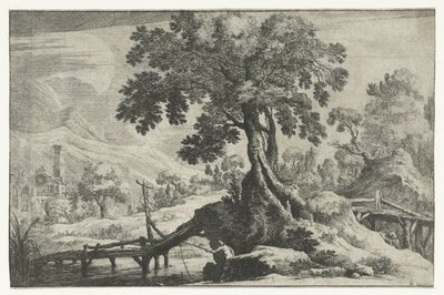 Rivierlandschap met een hengelaar op een brug door Gilles Neyts