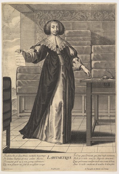 Rekenen: een jonge vrouw staat aan een tafel en houdt een blad met ingeschreven cijfers vast, 1633-35 door Gilles Rousselet