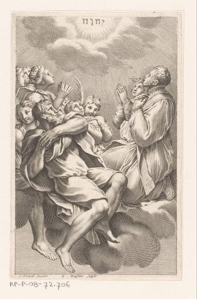 Groep mannen en vrouwen op wolken in aanbidding voor het tetragram door Gilles Rousselet