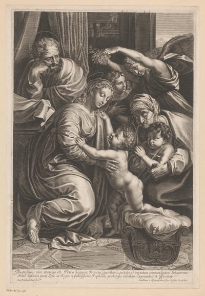 Heilige Familie met Elisabet, Johannes de Doper en engelen door Gilles Rousselet