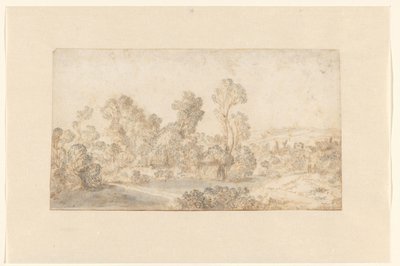 Heuvelachtig landschap met hoge bomen langs een rivier door Gillis Claesz de Hondecoeter