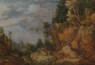 Rotsachtig landschap met herten en geiten door Gillis Claesz de Hondecoeter