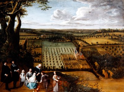 Portret van een patriciërsfamilie met uitzicht op hun landhuis door Gillis van and Hondt Lambert de Tilborgh