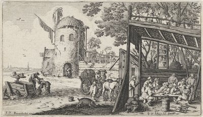Boeren rond een tafel in een schuur (de Smaak) Landschappen met de vijf zintuigen door Gillis van Scheyndel (I)