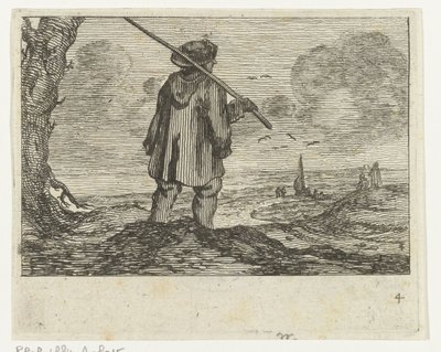 Duinlandschap met een man, met staf op de schouder door Gillis van Scheyndel (I)